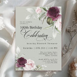 Elegant Watercolor Floral Sage 100th Birthday Invitation<br><div class="desc">Celebrate a special milestone birthday with this beautiful 100th birthday party invitation. It features elegant floral borders in burgundy and pink roses on each side of the elegantly placed text. Colours include pale blush pink, deep burgundy red and plum mixed with ethereal greenery and tiny white accent flowers on a...</div>