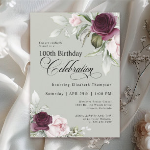 Elegant Watercolor Floral Sage 100th Birthday Invitation