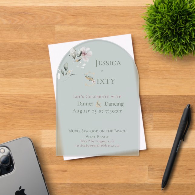 Elegant Watercolor Floral Sage 60th Birthday Acrylic Invitations (Insitu (Invitation Card))
