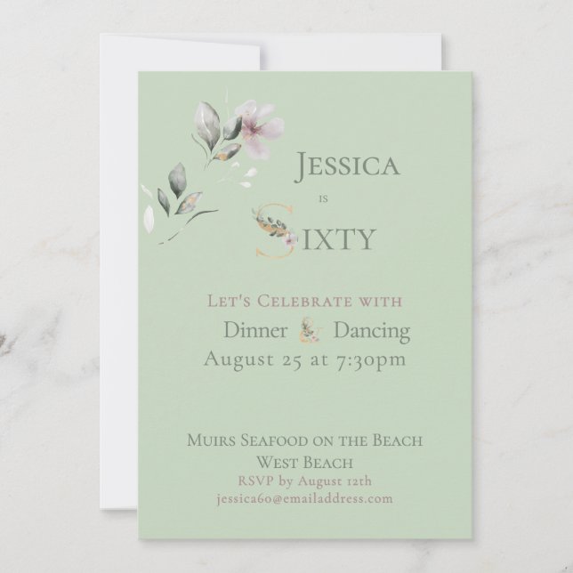 Elegant Watercolor Floral Sage 60th Birthday  Invitation (Front)