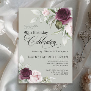 Elegant Watercolor Floral Sage 90th Birthday Invitation