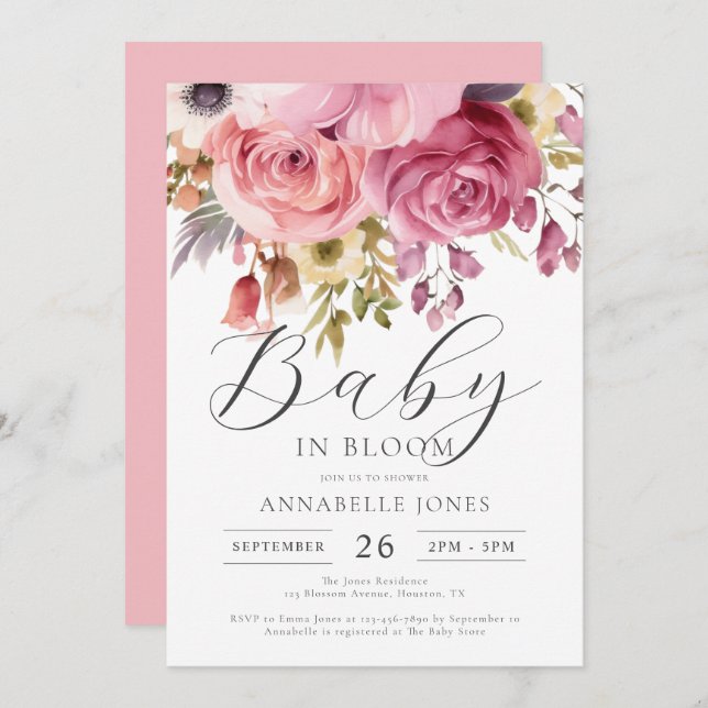 Elegant Watercolor Floral Script Baby Shower  Invitation (Front/Back)
