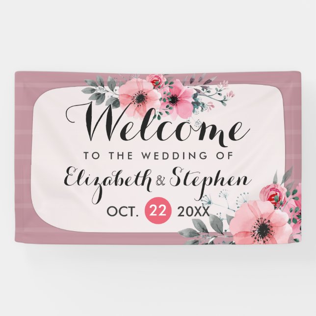 Elegant Watercolor Floral Script Wedding Welcome Banner (Horizontal)