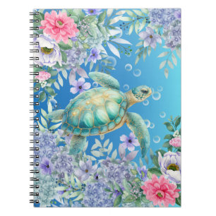 Elegant Watercolor Floral Sea Turtle Notebook