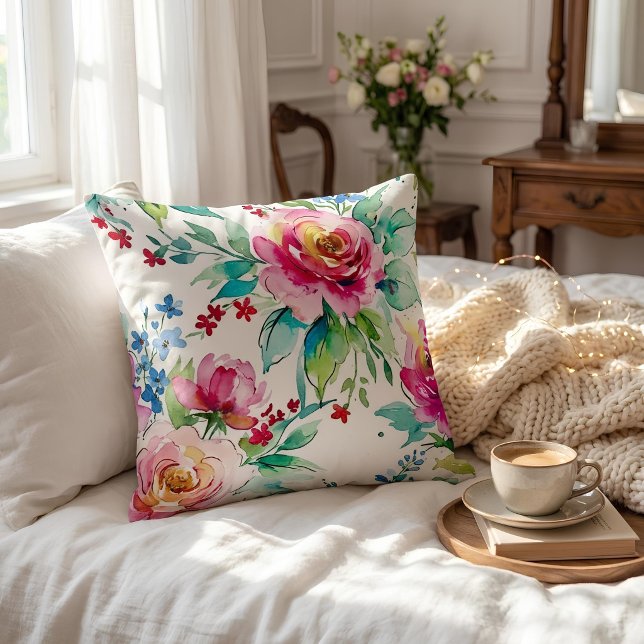 Elegant Watercolor Floral – Seamless Pink Roses  Cushion (#watercolor #floralpattern #wrappingpaper #giftwrap #floraldesign #pinkroses #blueflowers #botanical)