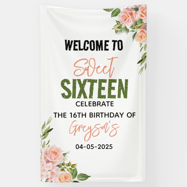 Elegant Watercolor Floral Sweet Sixteen  Banner (Vertical)