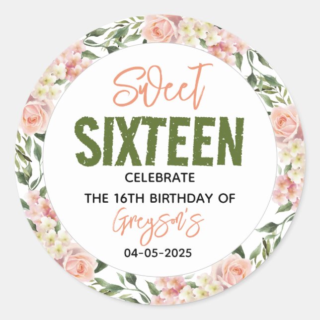Elegant Watercolor Floral Sweet Sixteen Classic Round Sticker (Front)
