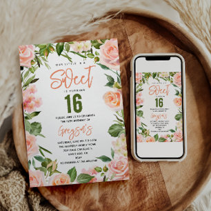 Elegant Watercolor Floral Sweet Sixteen Invitation