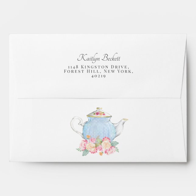 Elegant Watercolor Floral Tea Pot Envelope (Back (Top Flap))