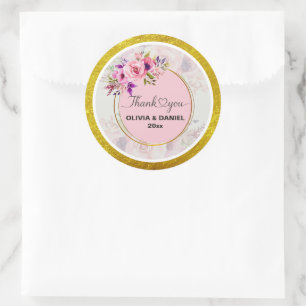 Elegant Watercolor Floral Thank You Wedding Classic Round Sticker