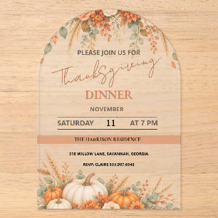 Elegant Watercolor Floral Thanksgiving Pumpkin Acrylic Invitations