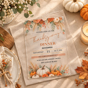 Elegant Watercolor Floral Thanksgiving Pumpkin Acrylic Invitations