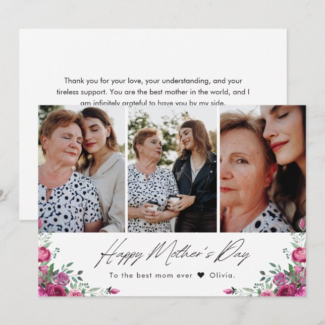 Elegant Watercolor Floral Three Photo Mother's Day Card (Front/Back)