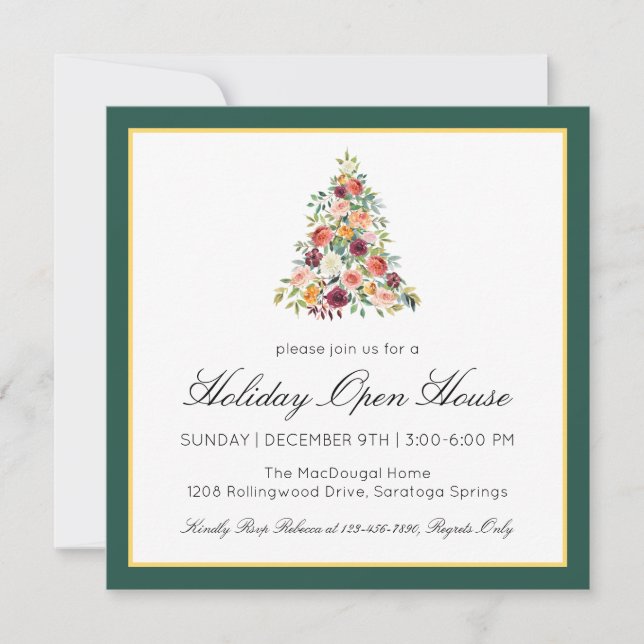 Elegant Watercolor Floral Tree Holiday Open House Card (Front)