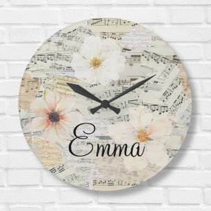 Elegant Watercolor Floral Vintage Sheet Music Large Clock