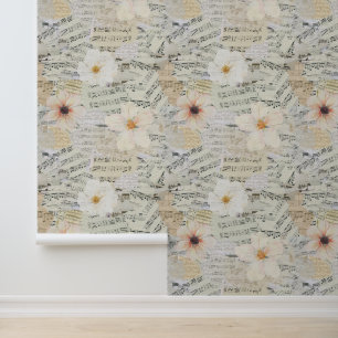 Elegant Watercolor Floral Vintage Sheet Music Wallpaper