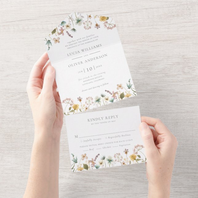 Elegant Watercolor Floral Wedding All In One Invitation (Tearaway)
