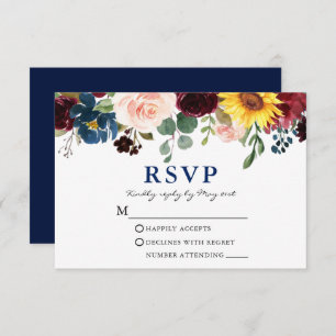 Elegant Watercolor Floral Wedding Blue RSVP Card