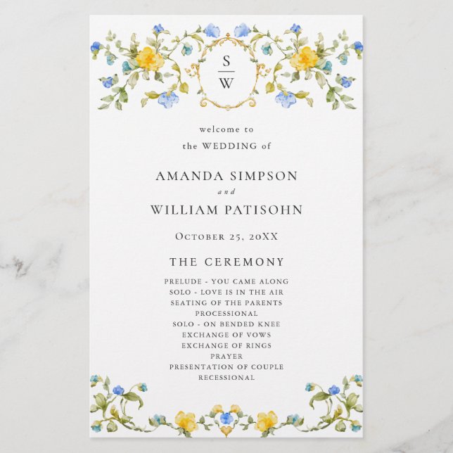 Elegant Watercolor Floral Wedding Ceremony Program (Front)