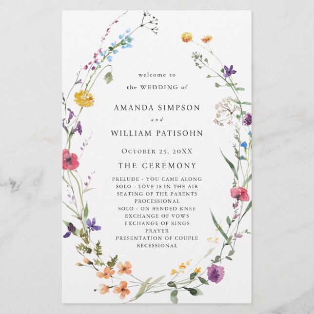 Elegant Watercolor Floral Wedding Ceremony Program (Front)
