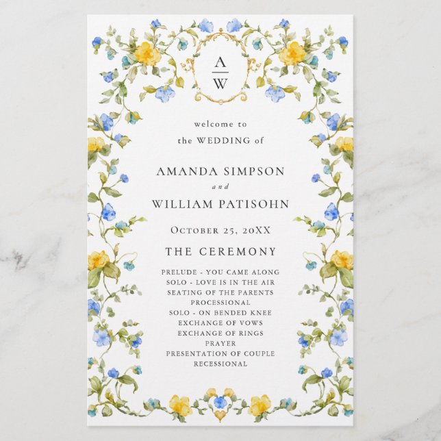 Elegant Watercolor Floral Wedding Ceremony Program (Front)