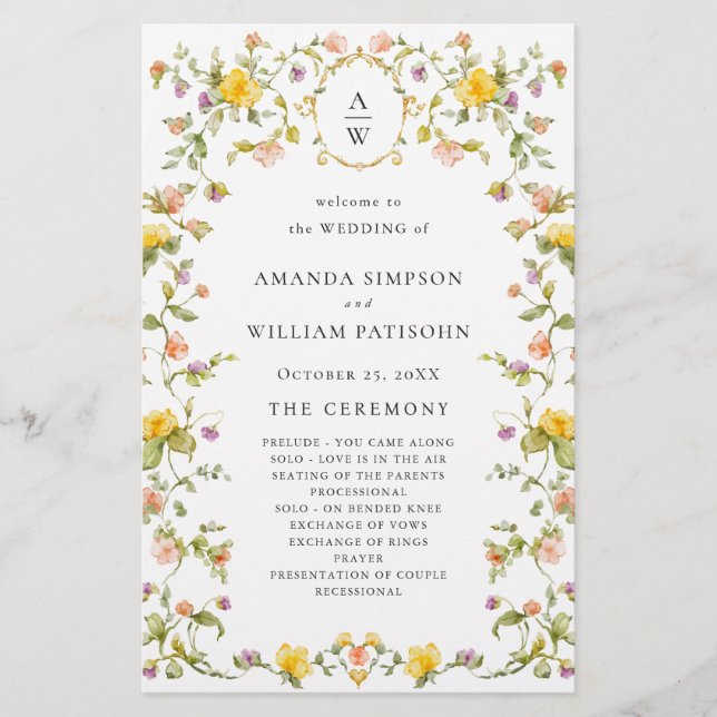 Elegant Watercolor Floral Wedding Ceremony Program (Front)