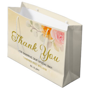 Elegant Watercolor Floral Wedding Gold Thank You Large Gift Bag