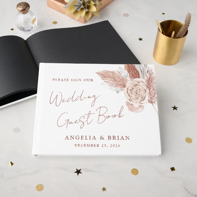Elegant Watercolor Floral Wedding Guest Book (Front Open)