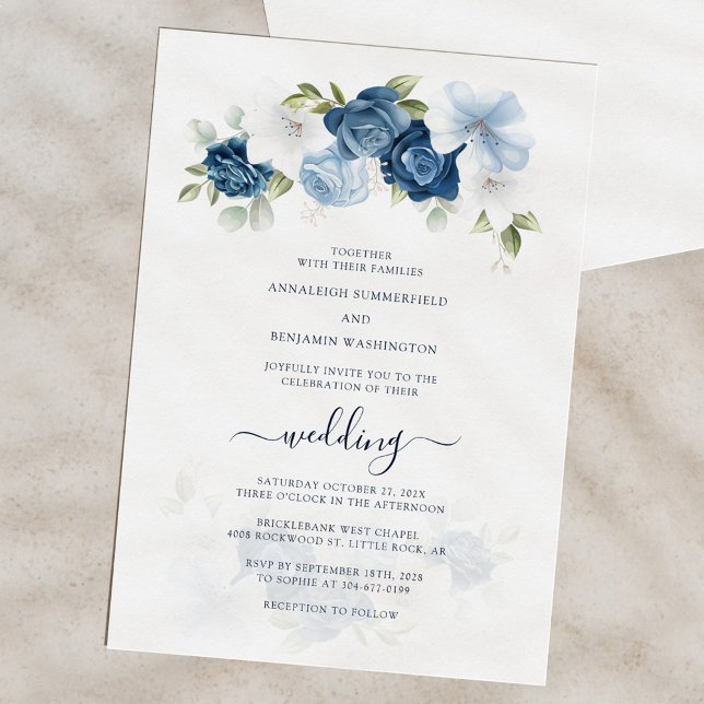 Elegant Watercolor Floral Wedding Invitation (Floral Dusty Blue Bloom Script Wedding Invitation)