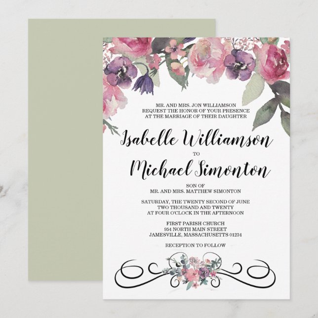 Elegant Watercolor Floral Wedding Invitations (Front/Back)