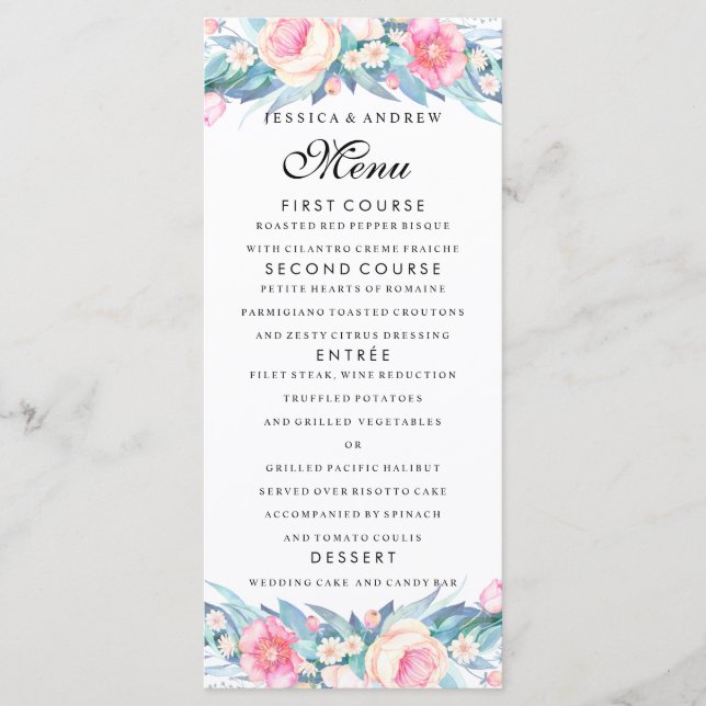 Elegant Watercolor Floral Wedding Menu (Front)