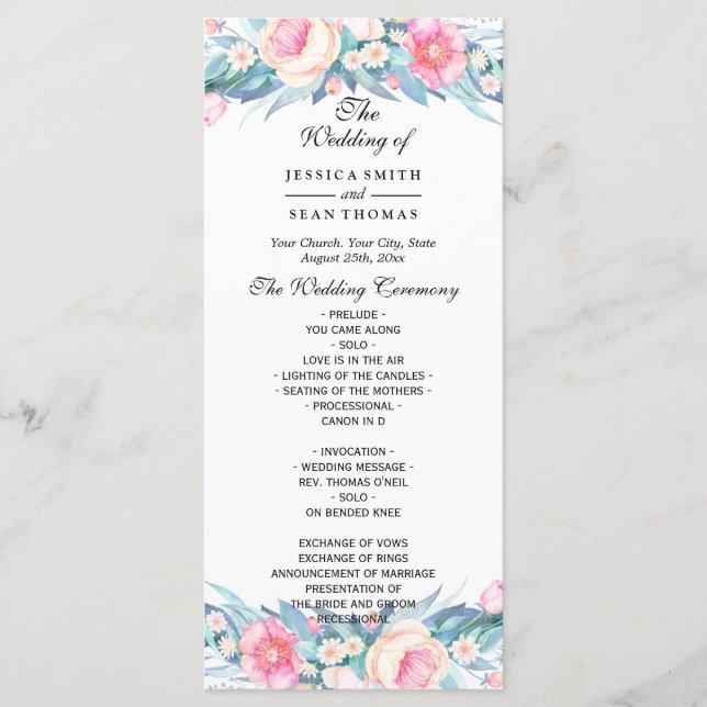 Elegant Watercolor Floral Wedding Program Programme (Front)