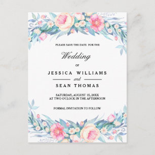 Elegant Watercolor Floral Wedding Save The Date Announcement Postcard