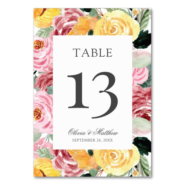 Elegant Watercolor Floral Wedding Table Number (Front)