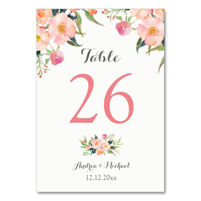 Elegant Watercolor Floral Wedding Table Number (Front)