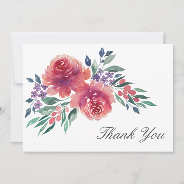 Elegant Watercolor Floral Wedding Thank You  Card (Front)