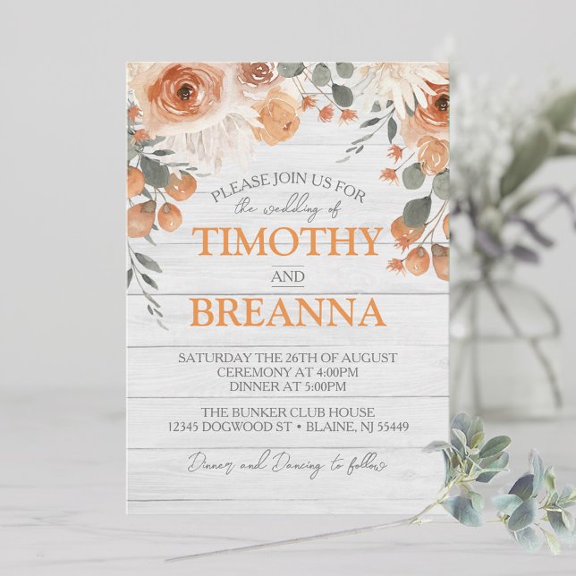 Elegant Watercolor Floral & Wood Wedding Invitation (Watercolor flowers & foliage in neutral and earthy colors on top of a grey wood wedding invitation)