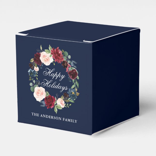Elegant Watercolor Floral Wreath Happy Holidays Favour Box (Front Side)