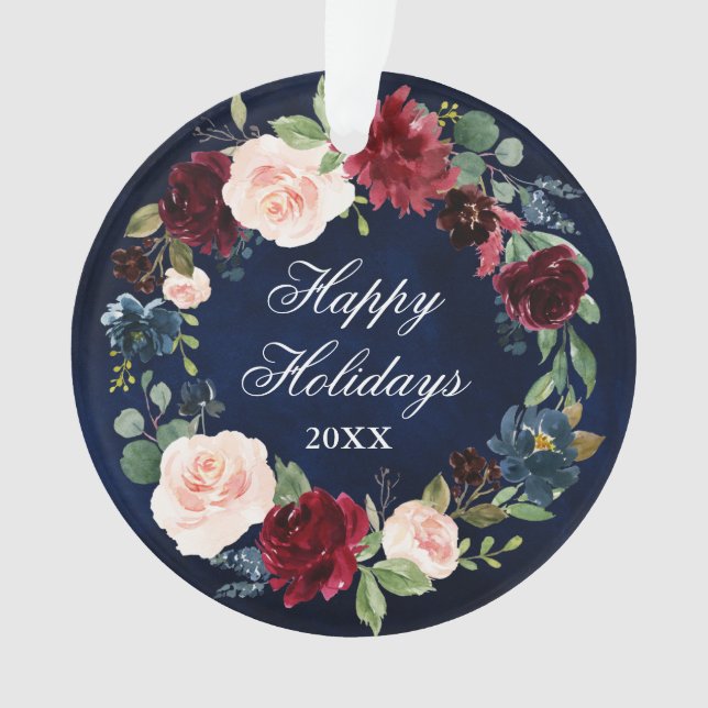 Elegant Watercolor Floral Wreath Happy Holidays Ornament (Front)