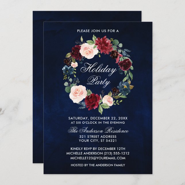 Elegant Watercolor Floral Wreath Holiday Party Invitation (Front/Back)