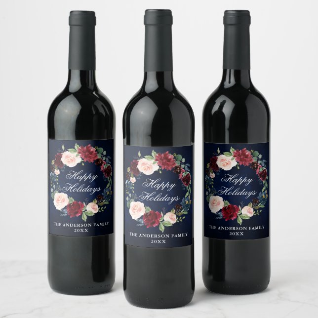 Elegant Watercolor Floral Wreath Holiday Party Wine Label (Bottles)