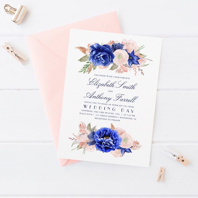 Elegant Watercolor Floral Wreath Navy Blue Wedding Invitation (Creator Uploaded)