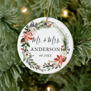 Elegant Watercolor Floral Wreath Newlywed Ceramic Tree Decoration