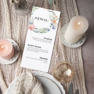 Elegant Watercolor Floral Wreath Wedding Menu Card