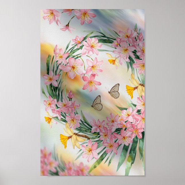 Elegant Watercolor Floral Wreath with Butterflies  Poster (Front)