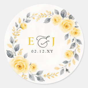 Elegant Watercolor Floral Yellow Grey Wedding Classic Round Sticker