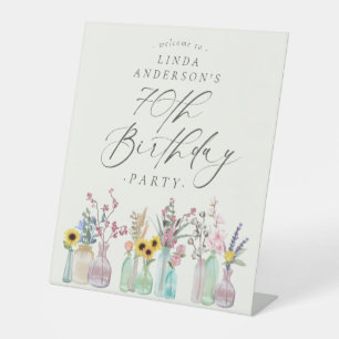 Elegant Watercolor Florals 70th Birthday Party  Pedestal Sign