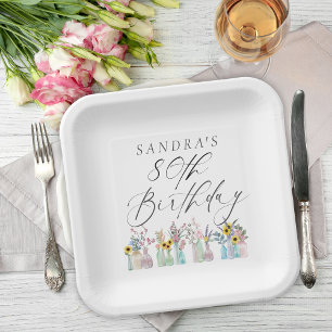 Elegant Watercolor Florals 80th Birthday  Paper Plate