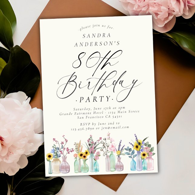 Elegant Watercolor Florals 80th Birthday Party  Invitation (Creator Uploaded)