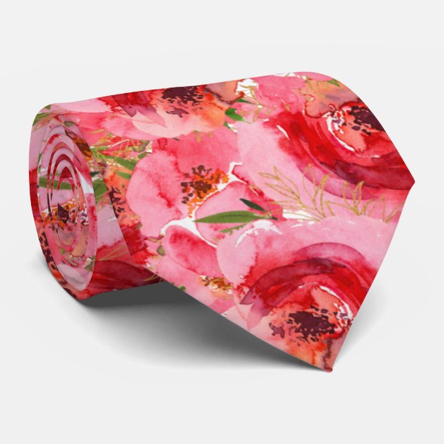 Elegant Watercolor Florals Pink Tie (Rolled)